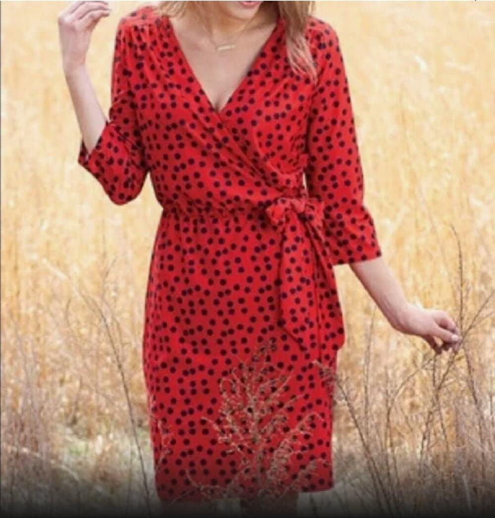 NWT MUD PIE 3/4 SLEEVES FAUX WRAP RED & BLACK POLKA DOT DRESS L
